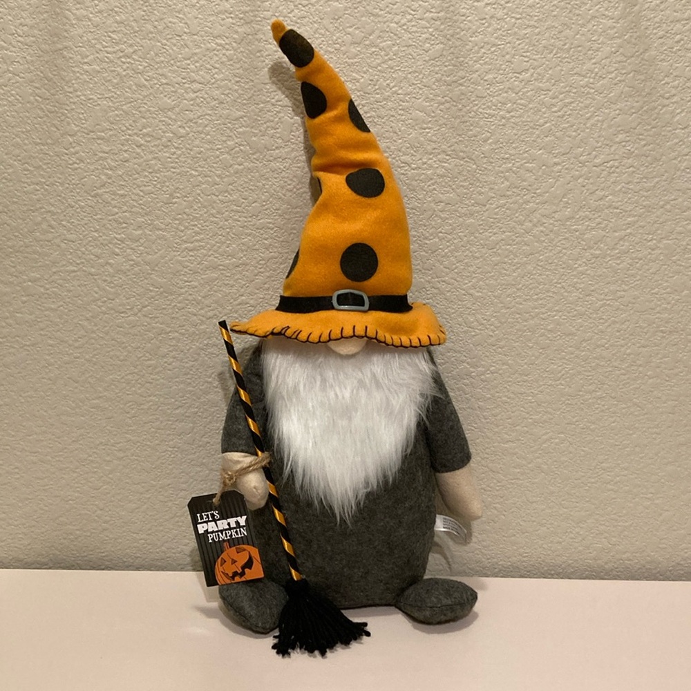 Large Whimsical Bearded Witch Warlock Gnome Plush W/ Broom Tabletop Decor Accent